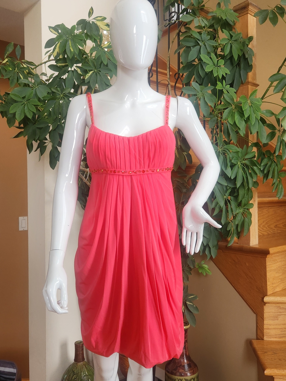 BCBGeneration Coral Pink Pleated Spaghetti-Strap Mini Dress